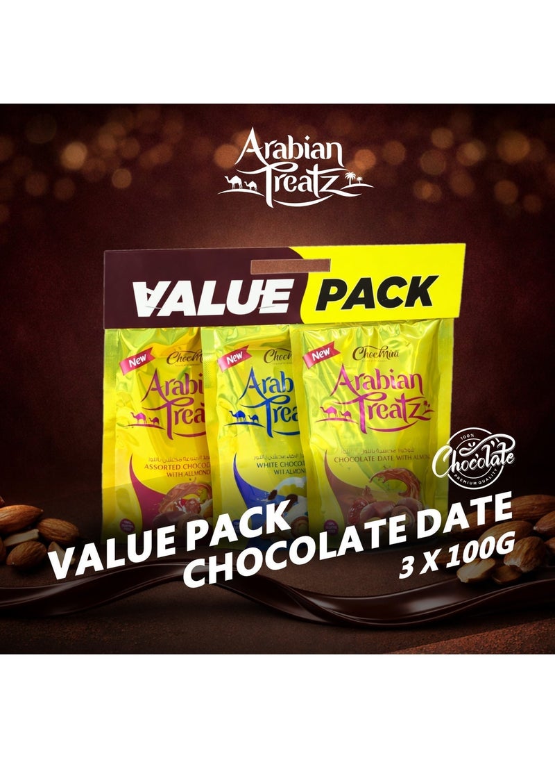 Arabian Treatz Chocomira Arabian Treatz Value Pack – Chocolate Dates with Almonds Assorted – 100% Gluten Free – Premium Middle Eastern Sweets – Gift Pack – 3 x 100g Pouches - Image 5